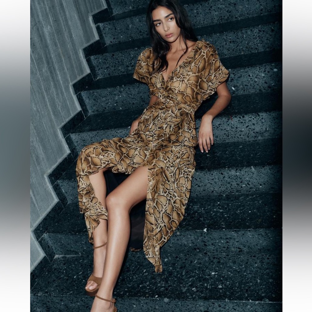 Zara Brown Snake Print Midi Dress